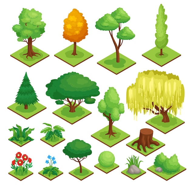 Conjunto de elementos de parque con plantas y árboles ilustración vectorial aislada isométrica