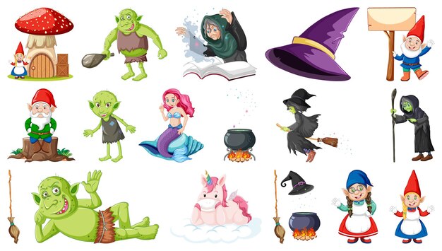 Conjunto de elementos y personajes de cuento de hadas de fantasía