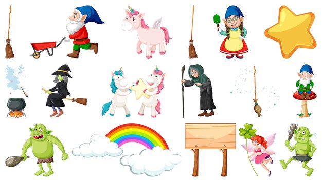 Conjunto de elementos y personajes de cuento de hadas de fantasía