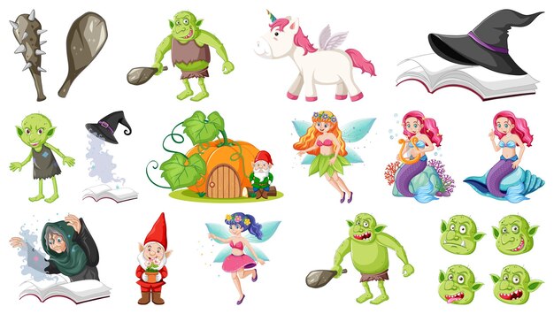 Conjunto de elementos y personajes de cuento de hadas de fantasía