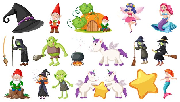 Conjunto de elementos y personajes de cuento de hadas de fantasía