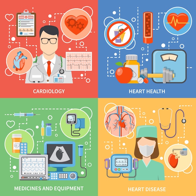 Conjunto de elementos y personajes planos de cardiología.