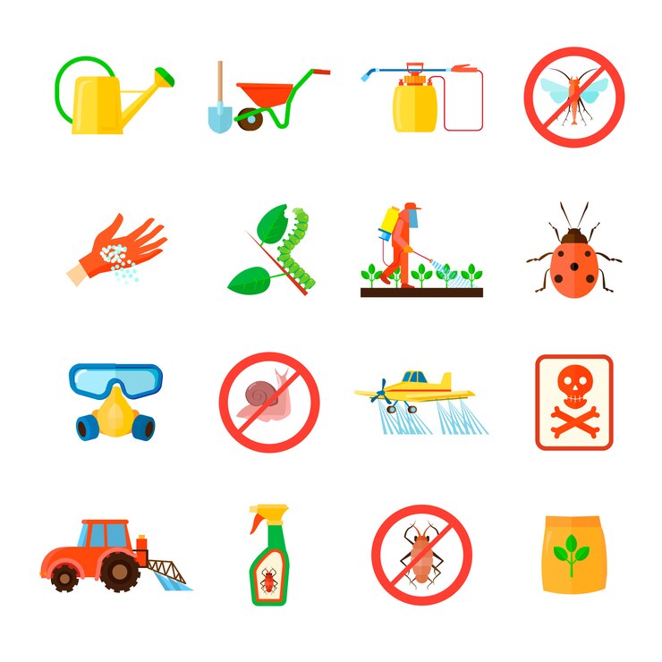 Vector gratuito conjunto de elementos de pesticidas y fertilizantes con ilustración de vector aislado plano de símbolos de equipo especial