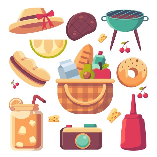 Conjunto de elementos para picnic de barbacoa de verano deliciosas comidas y bocadillos para cenar al aire libre en la naturaleza Conjunto de elementos de dibujos animados vectoriales para recreación al aire libre