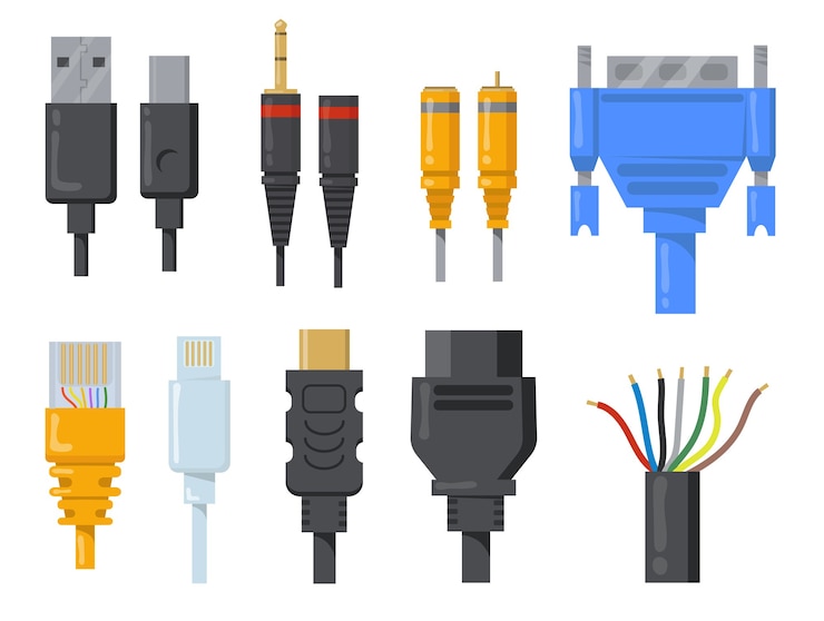 Vector gratuito conjunto de elementos planos de cables, alambres y cordones de computadora. dibujos animados de conectores negros y de colores para el puerto hdmi o vga aislado colección de ilustraciones vectoriales. concepto de red y comunicación