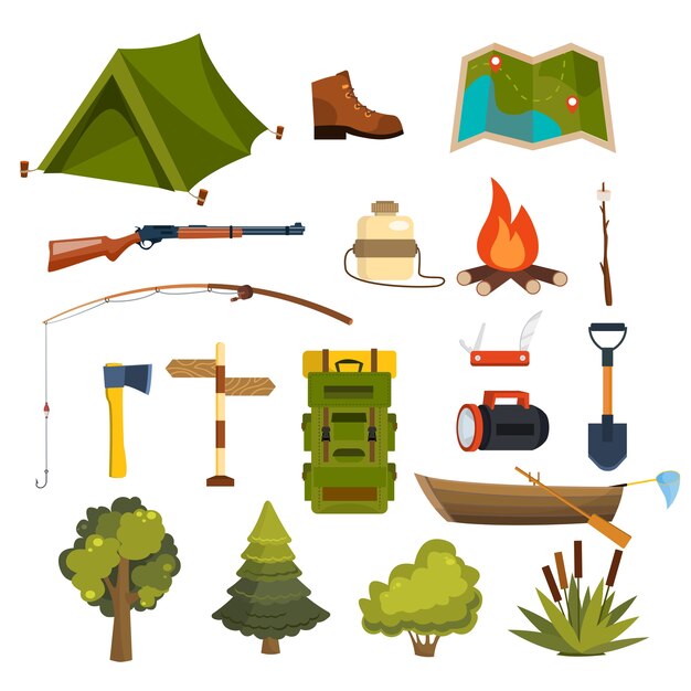 Conjunto de elementos planos de camping para crear sus propias insignias, logotipos, etiquetas, carteles, etc.