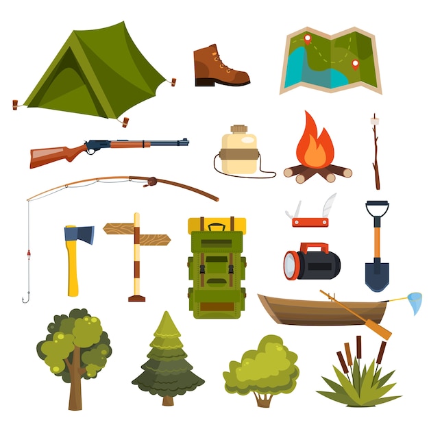 Conjunto de elementos planos de camping para crear sus propias insignias, logotipos, etiquetas, carteles, etc.