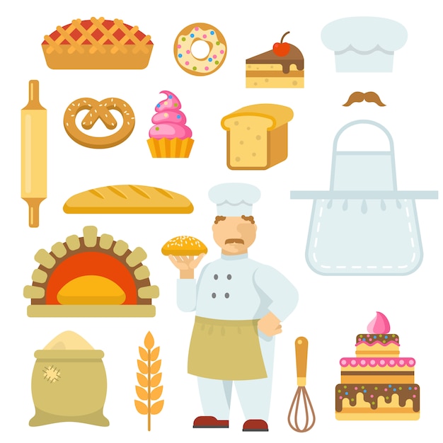 Conjunto de elementos planos decorativos de panadería