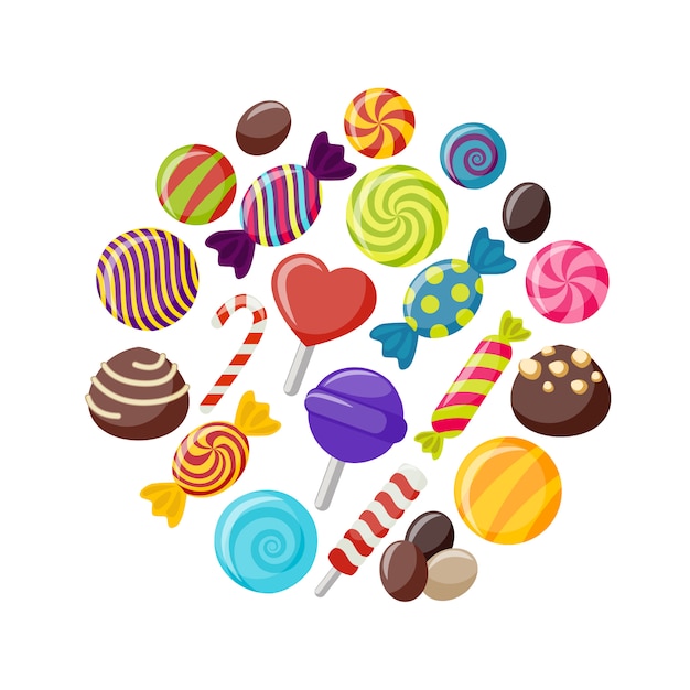 Conjunto de elementos planos dulces caramelos