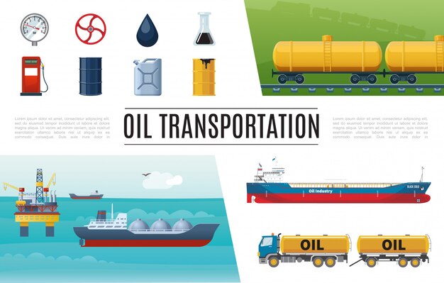 Conjunto de elementos planos de la industria petrolera con camión, estación de servicio, válvula cisterna, manómetro, bidón de barril, tanques de gasolina, plataforma de perforación marina