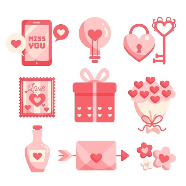 Vector gratuito conjunto de elementos planos de san valentín