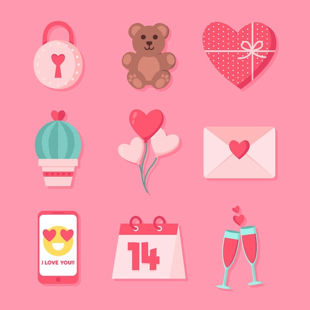 Conjunto de elementos planos de san valentín