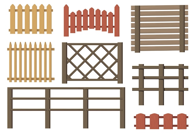 Vector gratuito conjunto de elementos planos de vallas de madera rurales. las puertas marrones del vintage de la granja o del pueblo de la historieta aislaron colección del ejemplo del vector. barreras de madera y concepto de campo