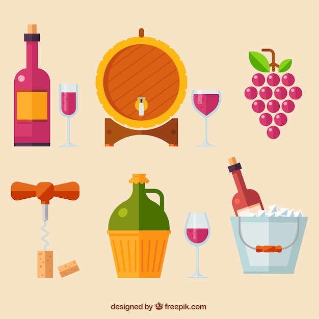 Vector gratuito conjunto de elementos planos de vino