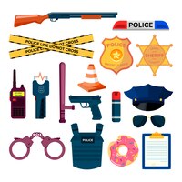 Vector gratuito conjunto de elementos policiales planos.