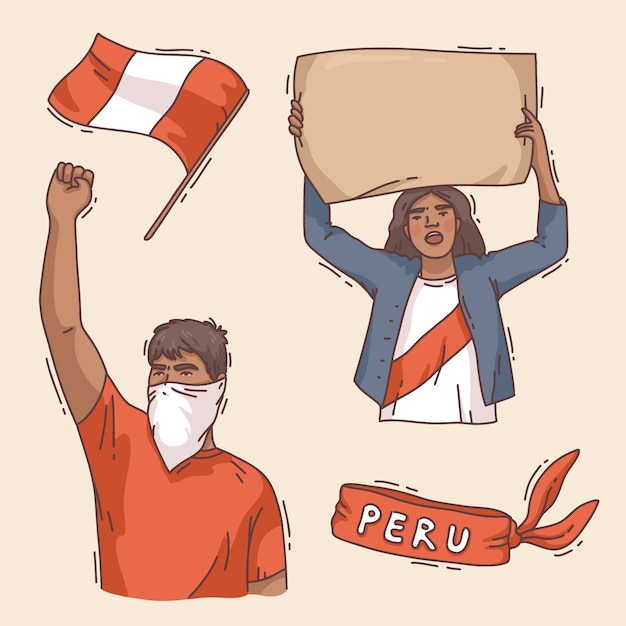Conjunto de elementos de protestas de perú dibujados a mano