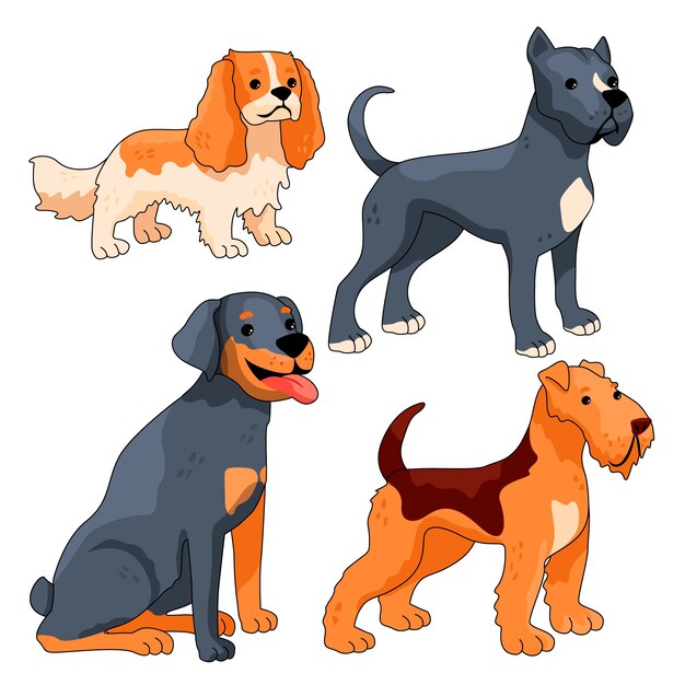 Conjunto de elementos de razas de perros dibujados a mano