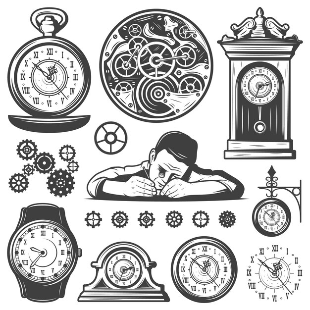 Conjunto de elementos de reparación de relojes monocromáticos vintage