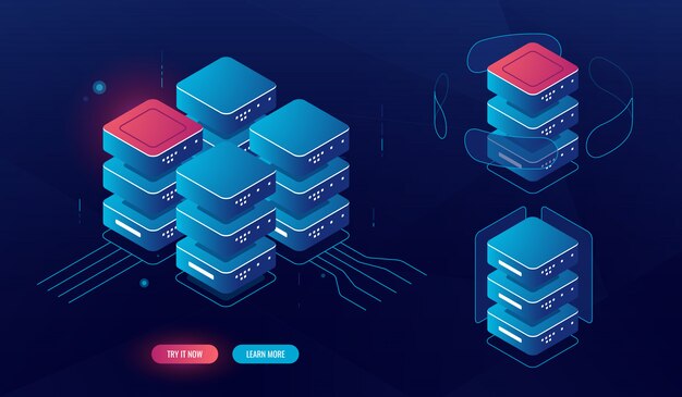 Conjunto de elementos de sala de servidores, procesamiento de datos grandes isométricos, concepto de base de datos del centro de datos