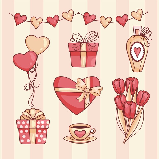 Conjunto de elementos de san valentín dibujados a mano