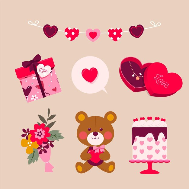 Conjunto de elementos de san valentín plano