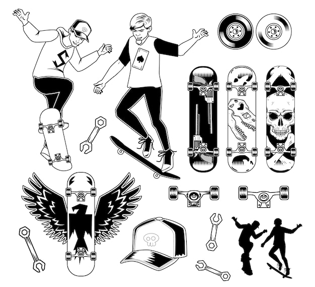 Vector gratuito conjunto de elementos de skate.