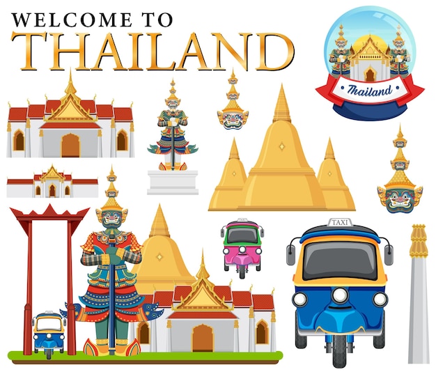 Conjunto de elementos sobre la atracción turística de tailandia