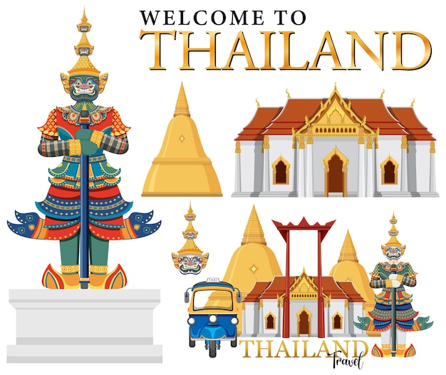 Conjunto de elementos sobre la atracción turística de tailandia
