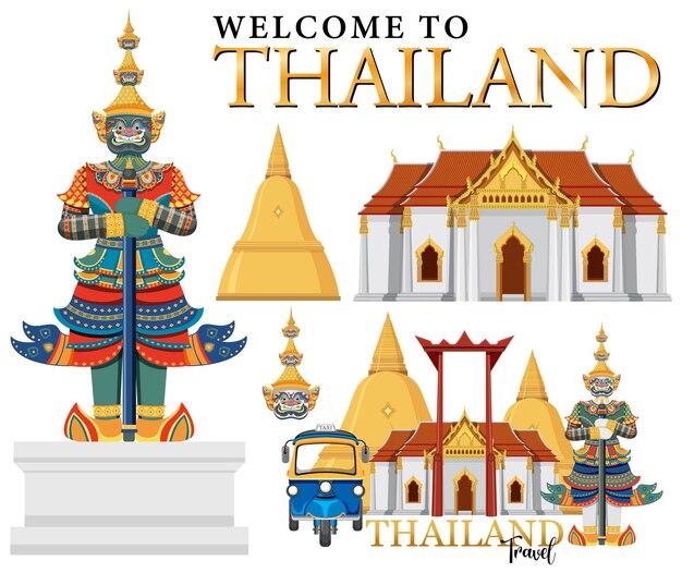 Conjunto de elementos sobre la atracción turística de tailandia