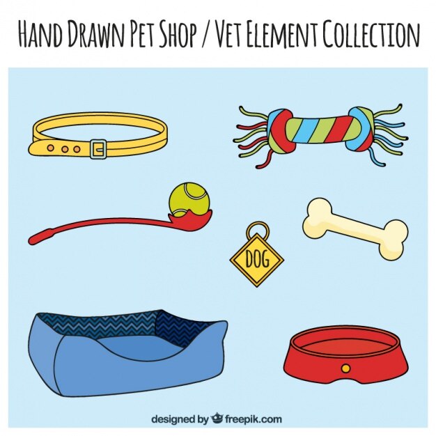 Vector gratuito conjunto de elementos de tienda de mascotas dibujados a mano