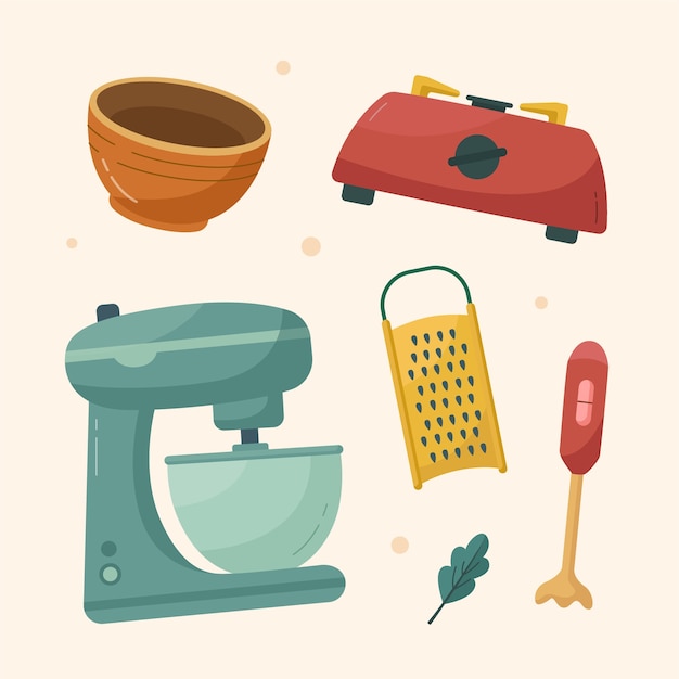 Conjunto de elementos de utensilios de cocina de diseño plano