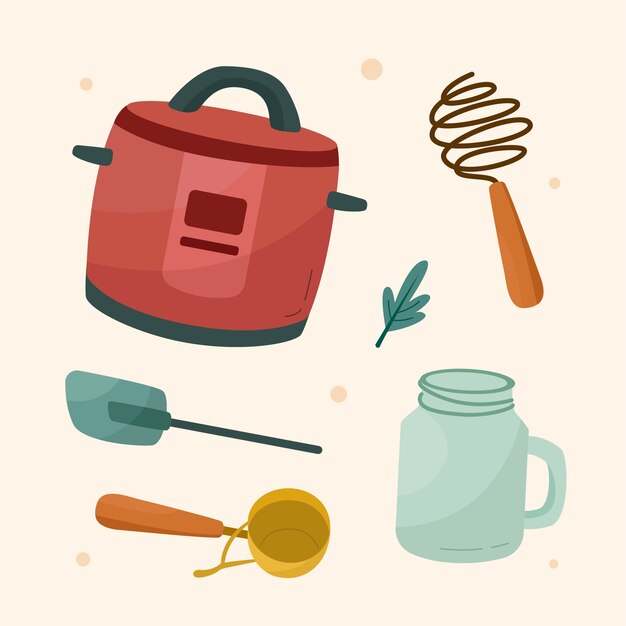 Conjunto de elementos de utensilios de cocina de diseño plano