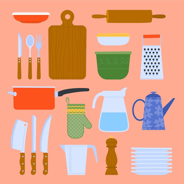 Conjunto de elementos de utensilios de cocina de diseño plano