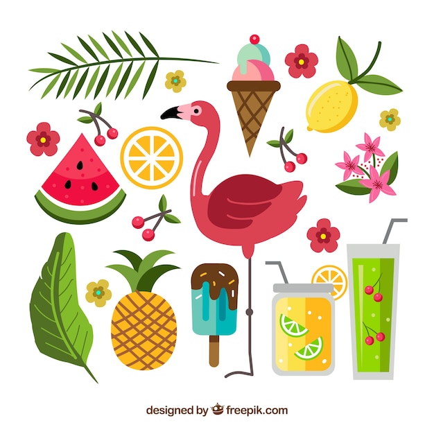 Conjunto de elementos de verano con comida y plantas en estilo hecho a mano