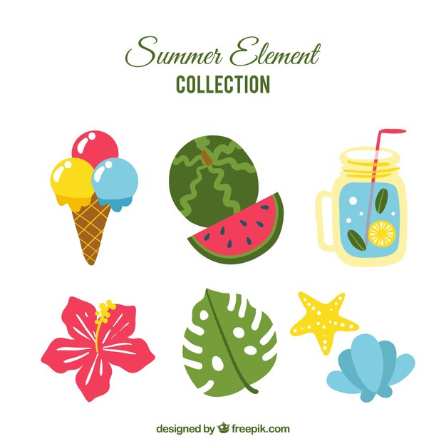 Conjunto de elementos de verano con comida y plantas