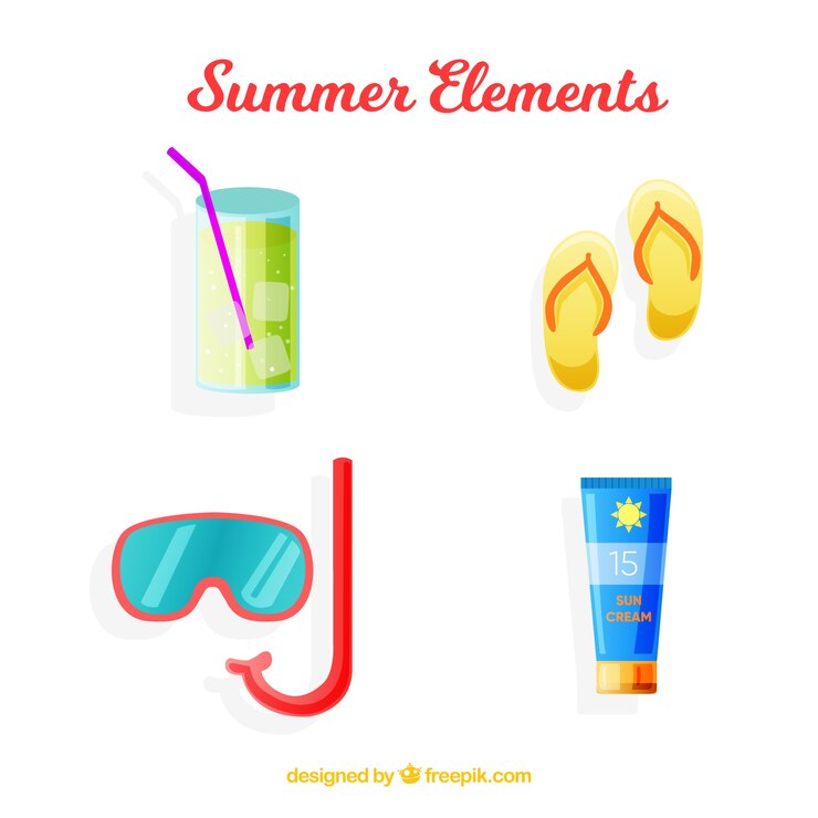 Vector gratuito conjunto de elementos de verano con comida y ropa en estilo hecho a mano