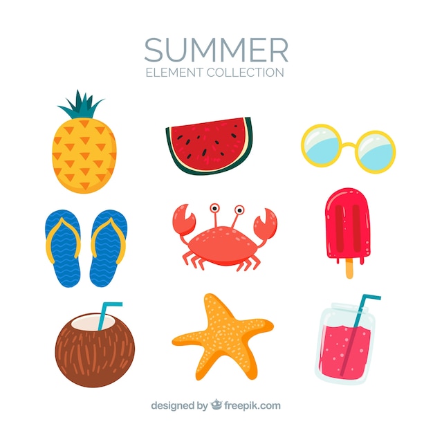 Conjunto de elementos de verano con comida y ropa en estilo hecho a mano