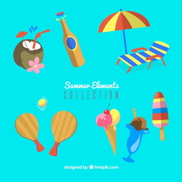 Vector gratuito conjunto de elementos de verano con comida y ropa en estilo hecho a mano