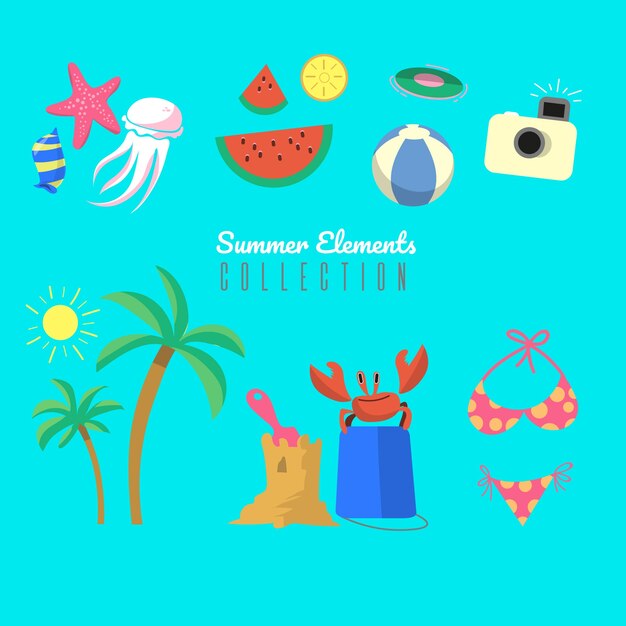 Conjunto de elementos de verano con comida y ropa en estilo hecho a mano