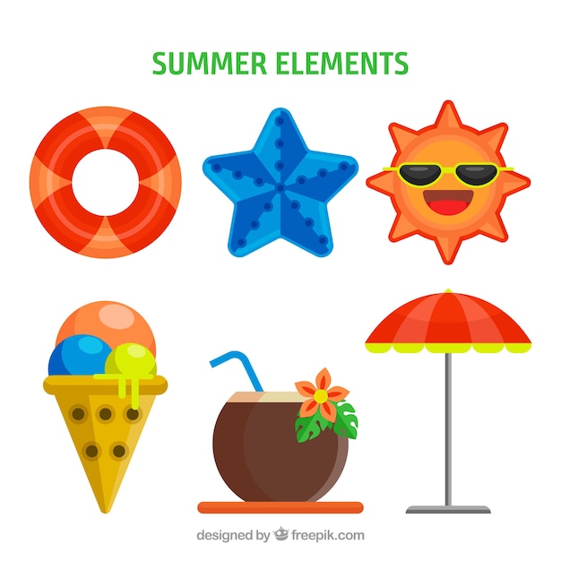 Conjunto de elementos de verano con comida y ropa en estilo plano
