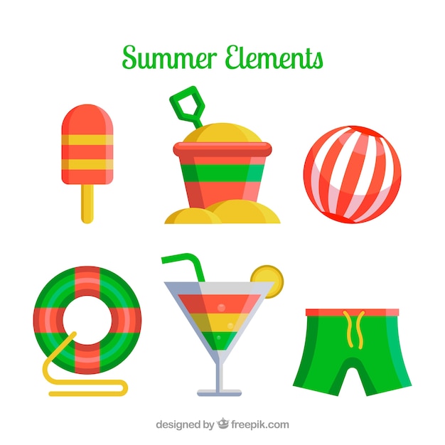Conjunto de elementos de verano con comida y ropa en estilo plano