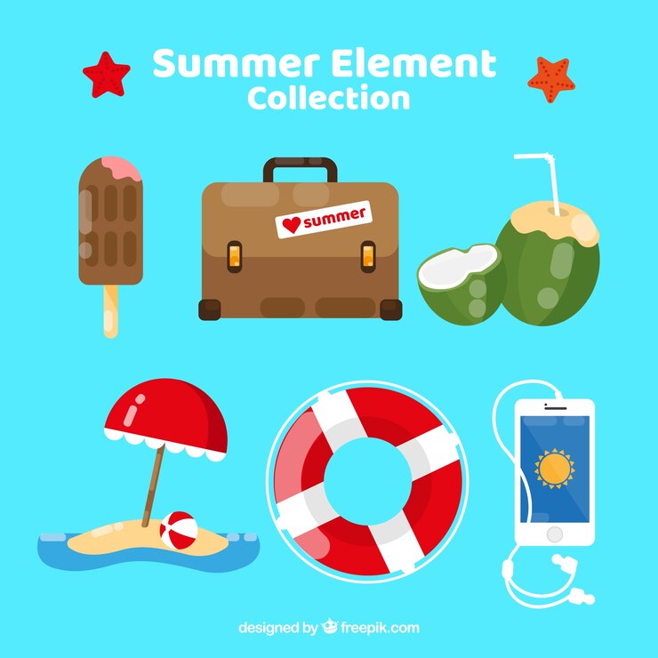 Vector gratuito conjunto de elementos de verano con comida y ropa en estilo plano