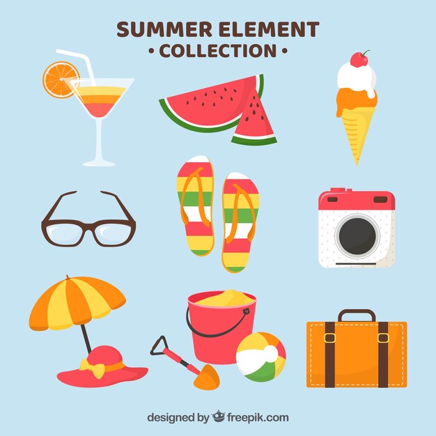 Conjunto de elementos de verano con comida y ropa en estilo plano