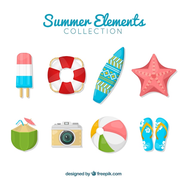 Vector gratuito conjunto de elementos de verano con comida y ropa en estilo plano