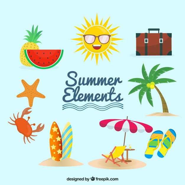 Conjunto de elementos de verano con comida y ropa en estilo plano