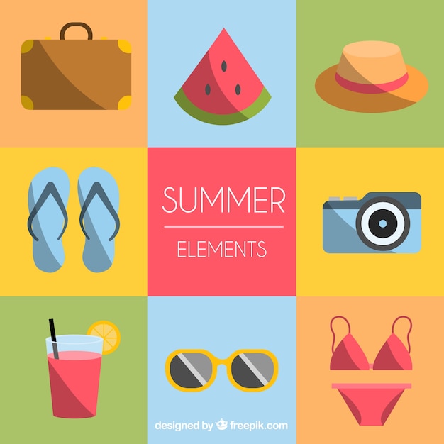 Vector gratuito conjunto de elementos de verano con comida y ropa en estilo plano