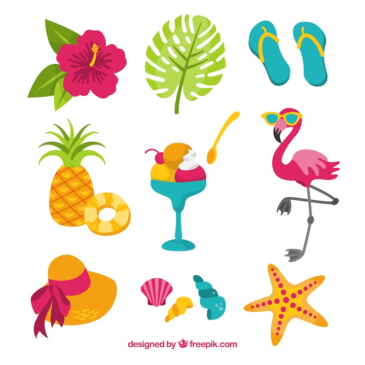 Vector gratuito conjunto de elementos de verano con comida y ropa en estilo plano