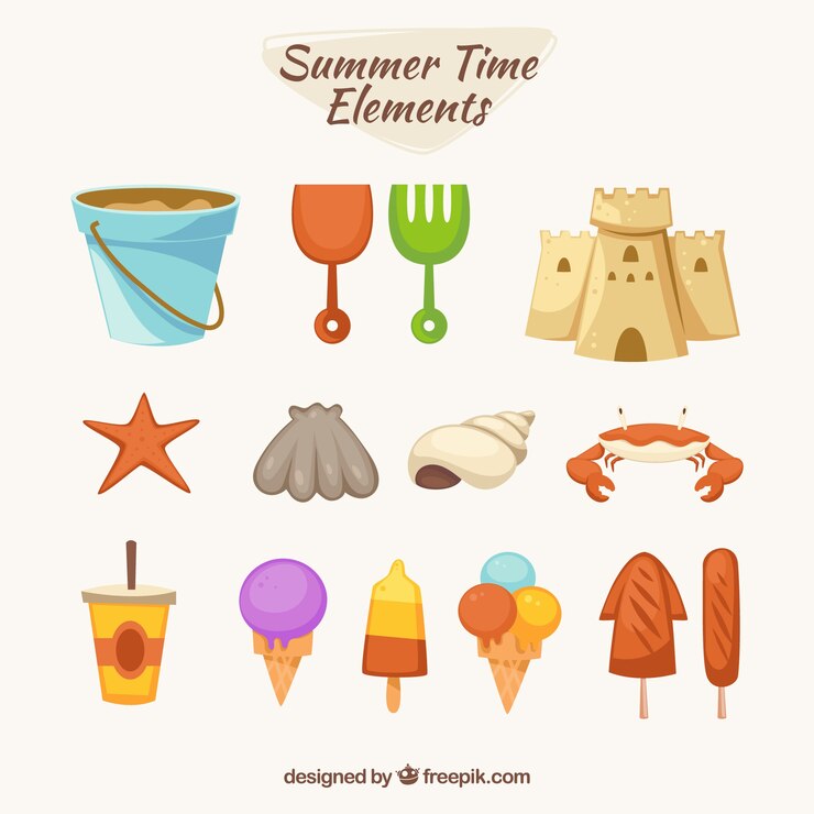 Vector gratuito conjunto de elementos de verano con comida y ropa en estilo plano