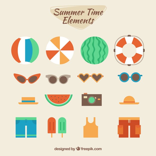 Conjunto de elementos de verano con comida y ropa en estilo plano
