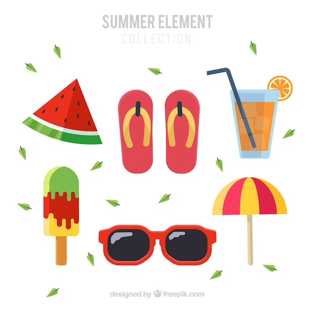 Vector gratuito conjunto de elementos de verano con comida y ropa en estilo plano